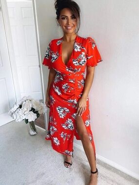 AX Paris Red Floral Print Bell Sleeve Midi Dress V Neck Ruched Wrap UK 14 US 10